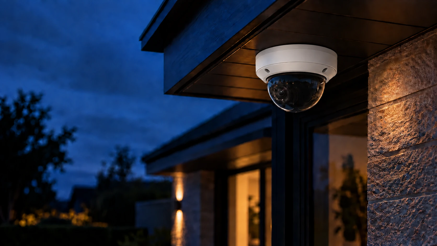 Illustrative white ColorVu-style dome camera mounted beneath a home soffit at dusk